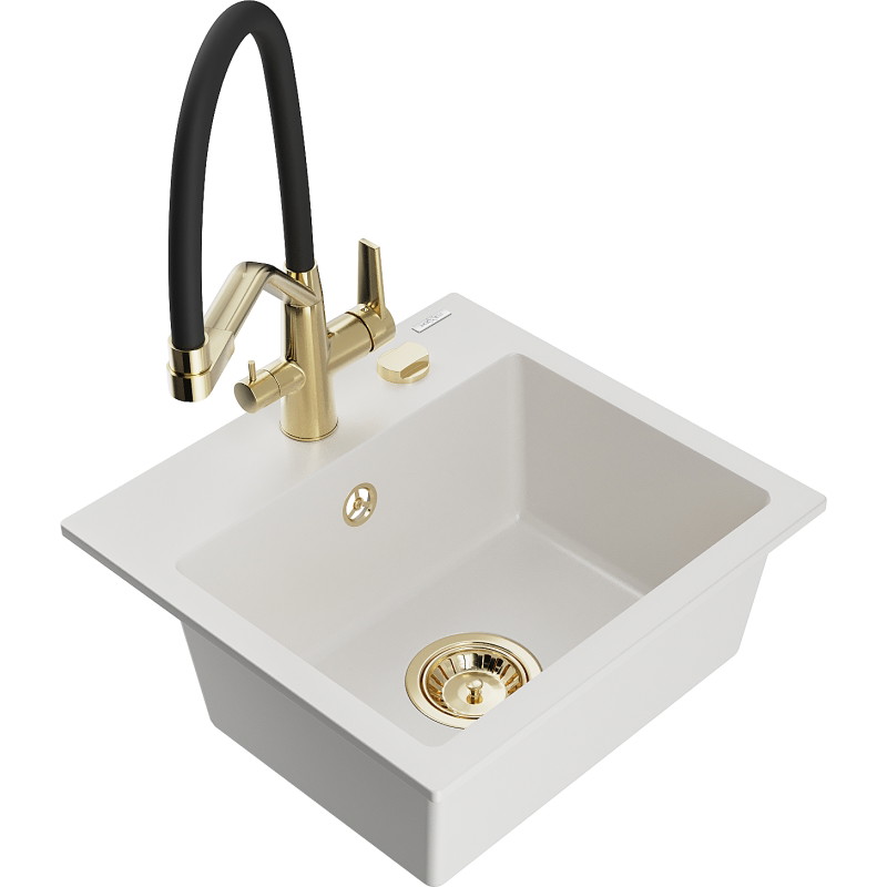 Mexen Milo 1-bowl granite sink with Duo kitchen faucet, white - 6505-20-671701-57-G