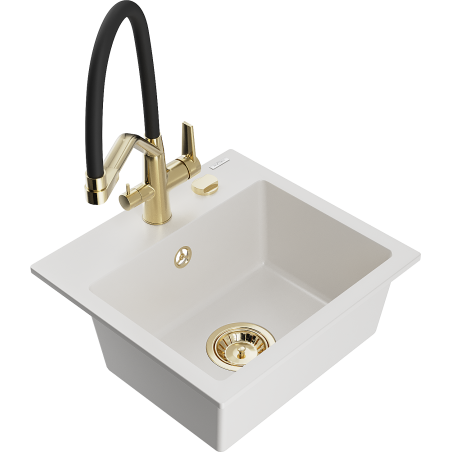 Mexen Milo 1-bowl granite sink with Duo kitchen faucet, white - 6505-20-671701-57-G