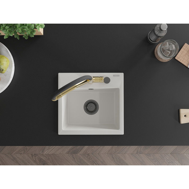 Mexen Milo granite sink 1-bowl with Duo kitchen tap, white - 6505-20-671701-57-B