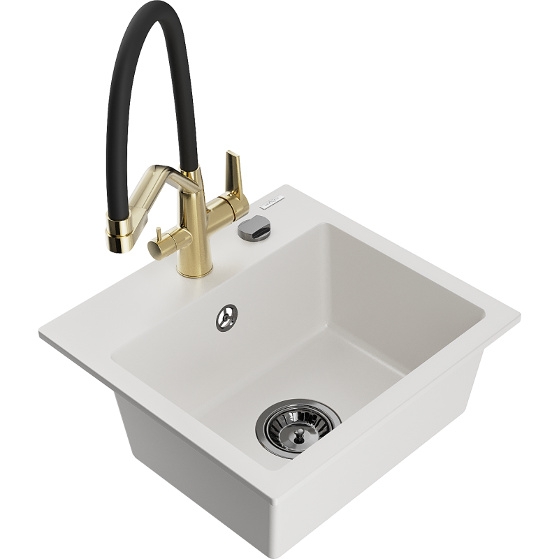 Mexen Milo 1-compartment granite sink with a kitchen mixer tap Duo, white - 6505-20-671701-57-B