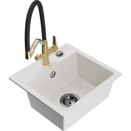 Mexen Milo granite sink 1-bowl with Duo kitchen tap, white - 6505-20-671701-57-B
