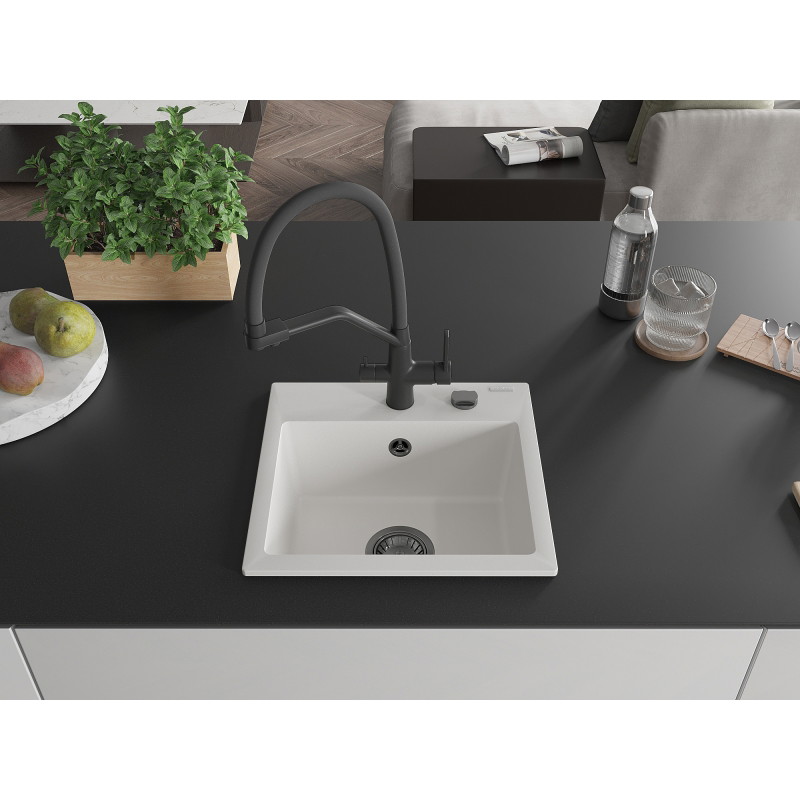 Mexen Milo 1-bowl granite sink with Duo kitchen faucet, white - 6505-20-671701-70-B