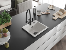 Mexen Milo 1-bowl granite sink with Duo kitchen faucet, white - 6505-20-671701-70-B