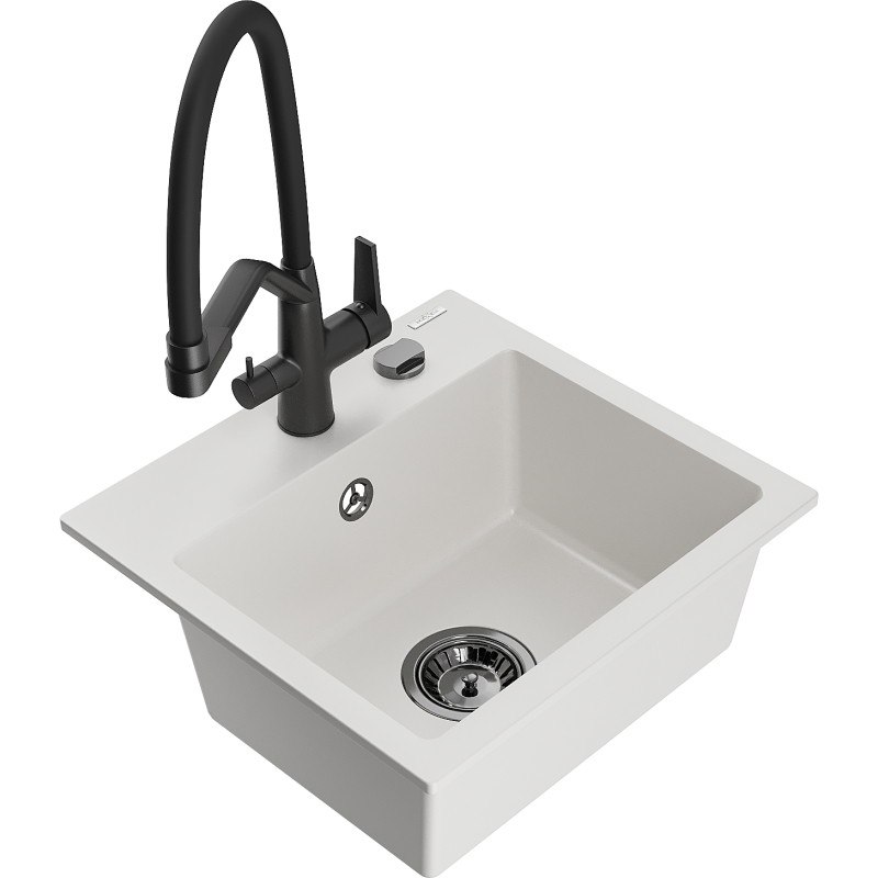 Mexen Milo 1-bowl granite sink with Duo kitchen faucet, white - 6505-20-671701-70-B