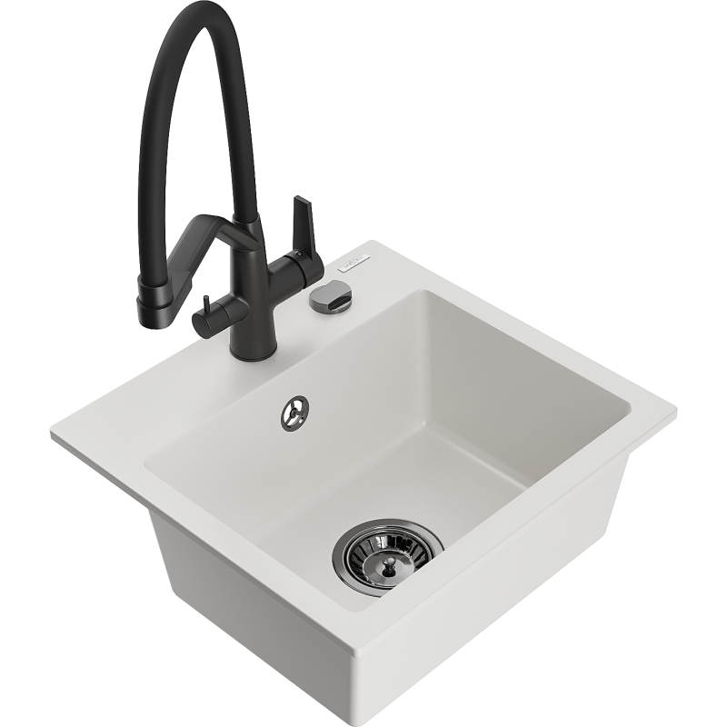 Mexen Milo 1-compartment granite sink with a kitchen mixer tap Duo, white - 6505-20-671701-70-B
