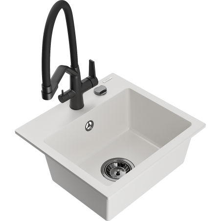 Mexen Milo 1-bowl granite sink with Duo kitchen faucet, white - 6505-20-671701-70-B