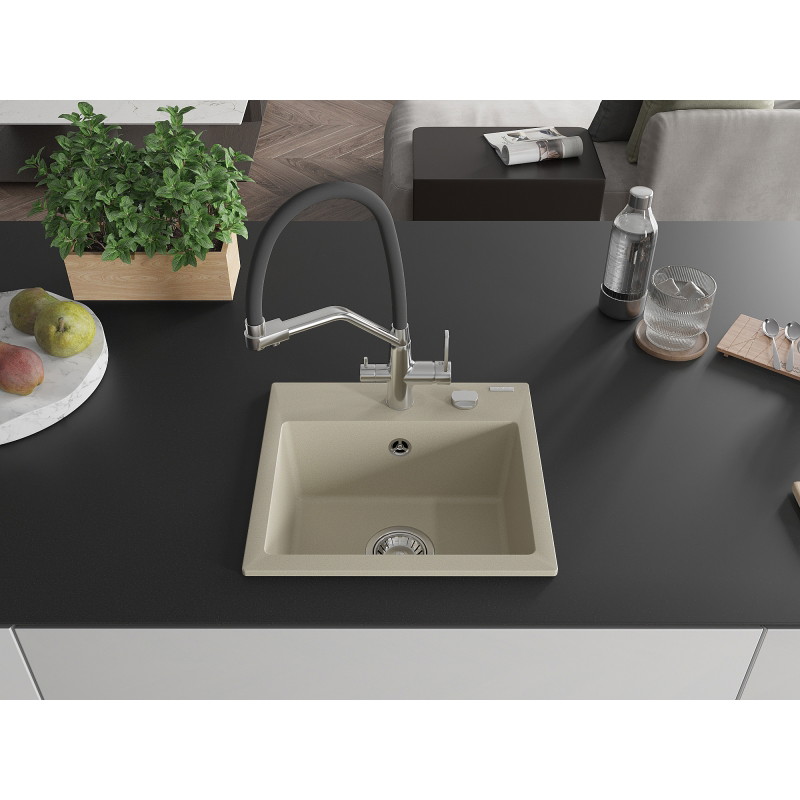 Mexen Milo granite kitchen sink 1-bowl with Duo kitchen faucet, beige - 6505-69-671701-07