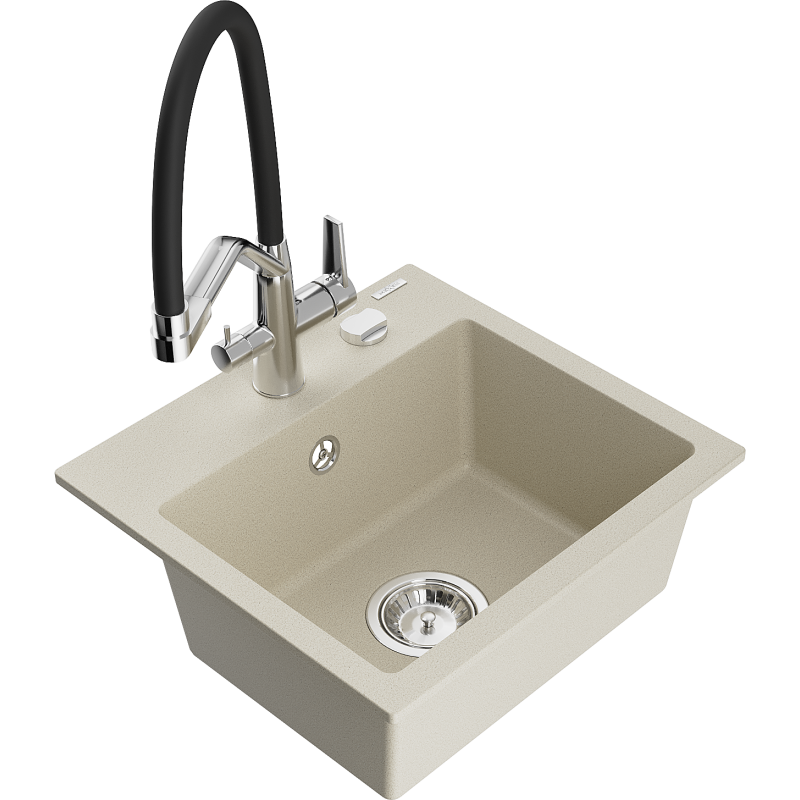 Mexen Milo 1-bowl granite sink with Duo kitchen tap, beige - 6505-69-671701-07