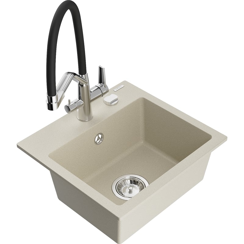 Mexen Milo granite kitchen sink 1-bowl with Duo kitchen faucet, beige - 6505-69-671701-07