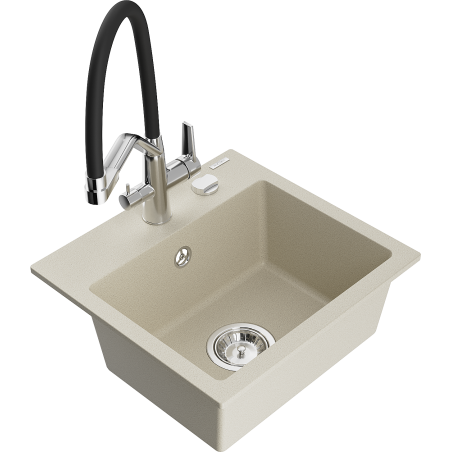 Mexen Milo granite kitchen sink 1-bowl with Duo kitchen faucet, beige - 6505-69-671701-07