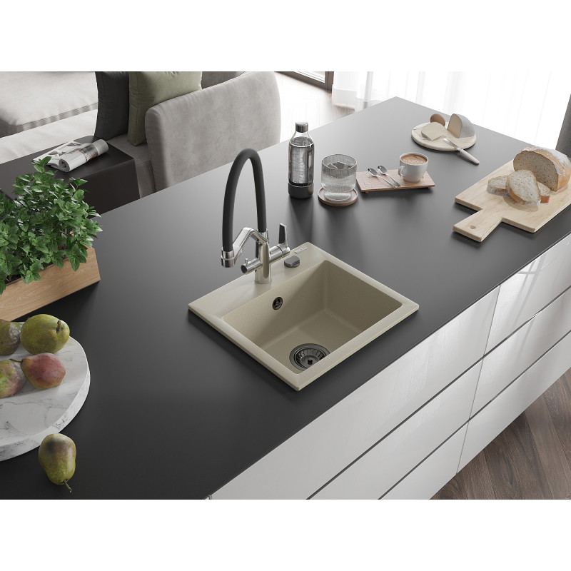 Mexen Milo 1-bowl granite sink with Duo kitchen faucet, beige - 6505-69-671701-07-B