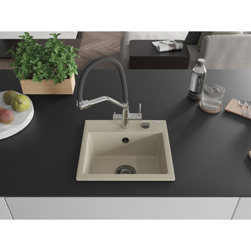 Mexen Milo granite kitchen sink 1-bowl with Duo kitchen faucet, beige - 6505-69-671701-07-B