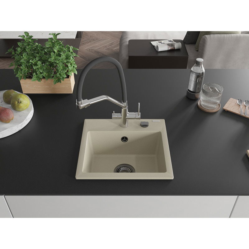 Mexen Milo single-bowl granite sink with Duo kitchen mixer, beige - 6505-69-671701-07-B