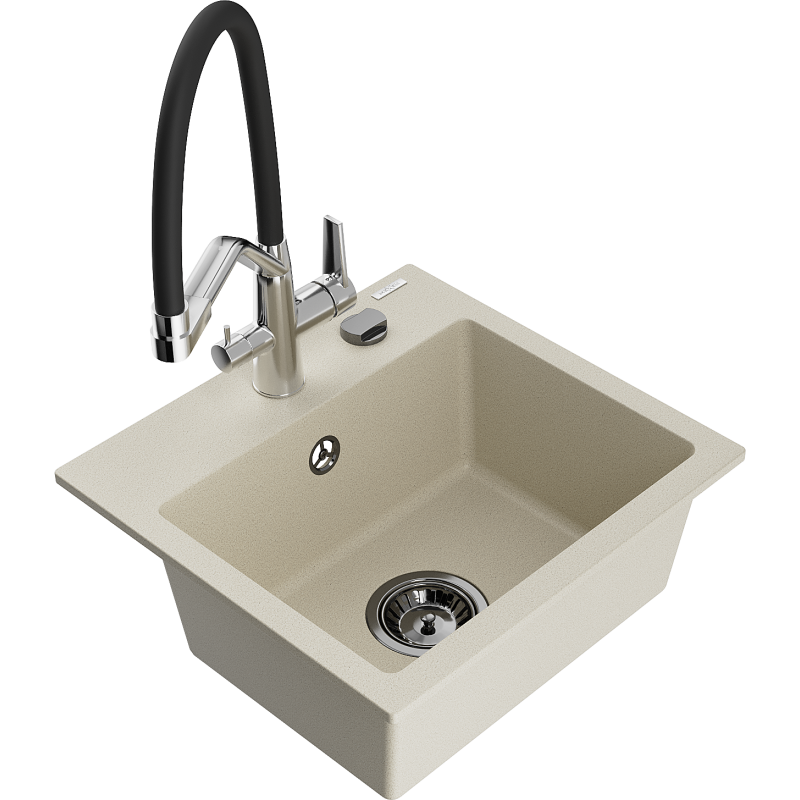 Mexen Milo 1-compartment granite sink with a kitchen mixer tap Duo, Beige - 6505-69-671701-07-B