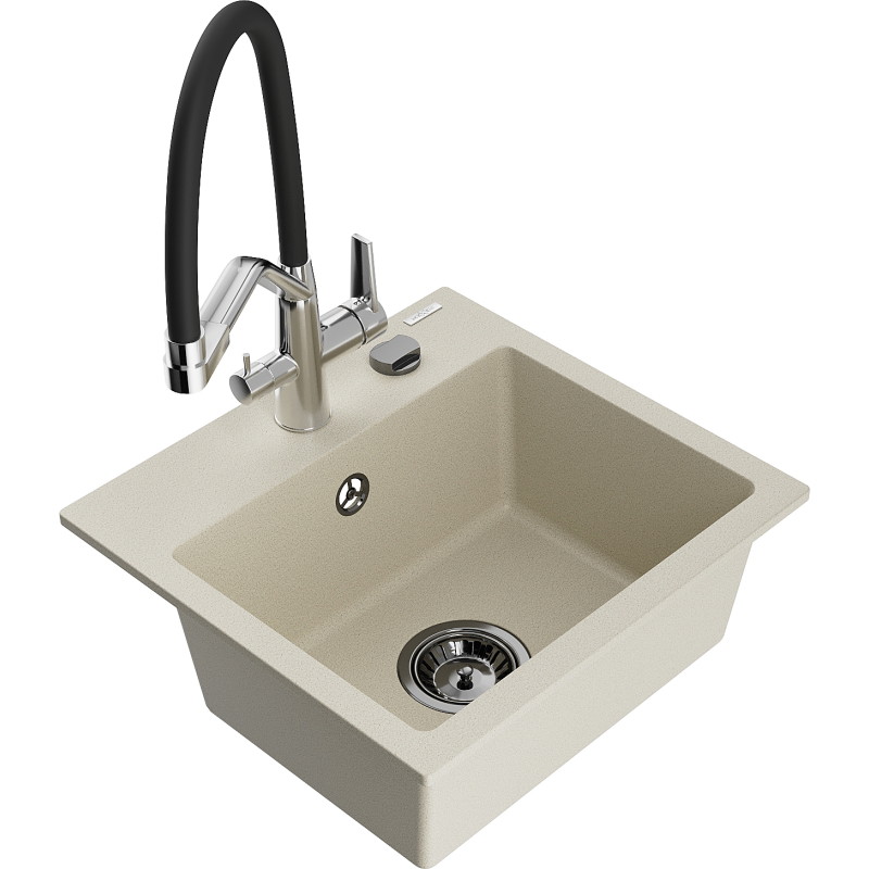 Mexen Milo granite kitchen sink 1-bowl with Duo kitchen faucet, beige - 6505-69-671701-07-B