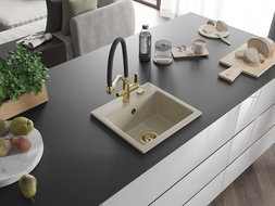 Mexen Milo 1-compartment granite sink with a kitchen mixer tap Duo, Beige - 6505-69-671701-57-G
