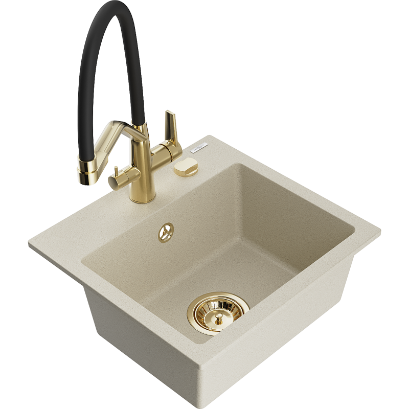 Mexen Milo 1-bowl granite sink with Duo kitchen tap, beige - 6505-69-671701-57-G