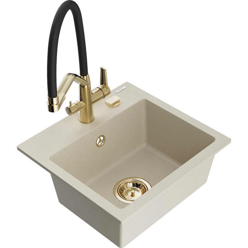 Mexen Milo 1-compartment granite sink with a kitchen mixer tap Duo, Beige - 6505-69-671701-57-G