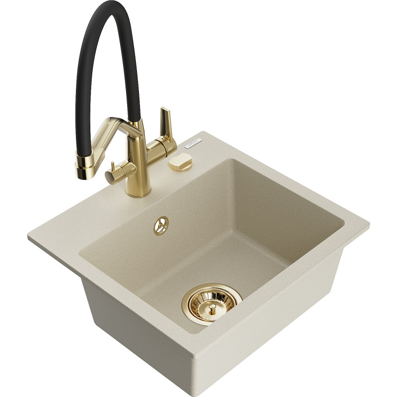 Mexen Milo granite kitchen sink 1-bowl with kitchen faucet Duo, beige - 6505-69-671701-57-G