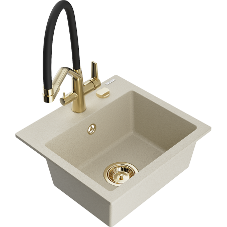 Mexen Milo granite kitchen sink 1-bowl with kitchen faucet Duo, beige - 6505-69-671701-57-G