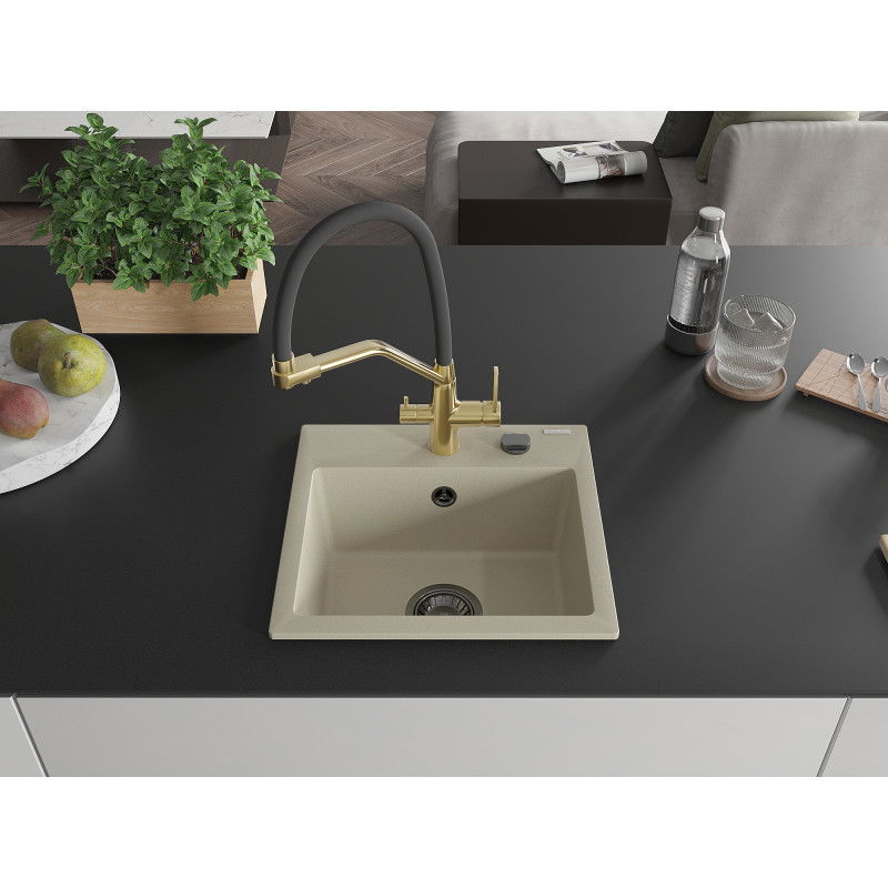 Mexen Milo granite kitchen sink 1-bowl with Duo kitchen tap, beige - 6505-69-671701-57-B