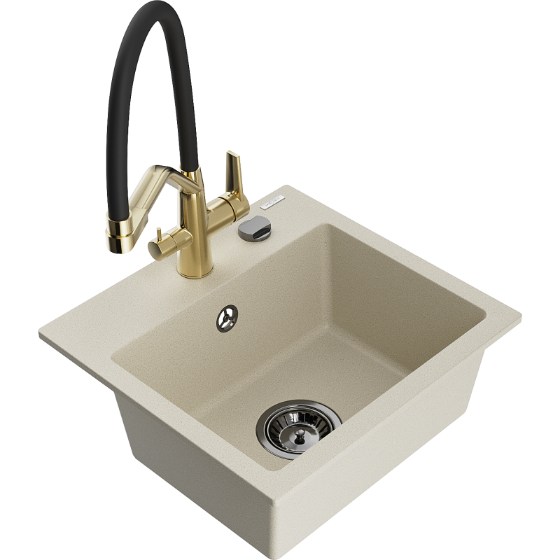 Mexen Milo 1-compartment granite sink with a kitchen mixer tap Duo, Beige - 6505-69-671701-57-B