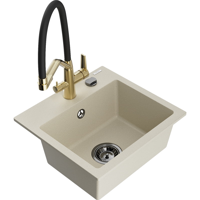 Mexen Milo single-bowl granite sink with Duo kitchen faucet, beige - 6505-69-671701-57-B