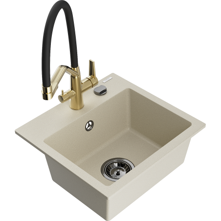 Mexen Milo single-bowl granite sink with Duo kitchen faucet, beige - 6505-69-671701-57-B