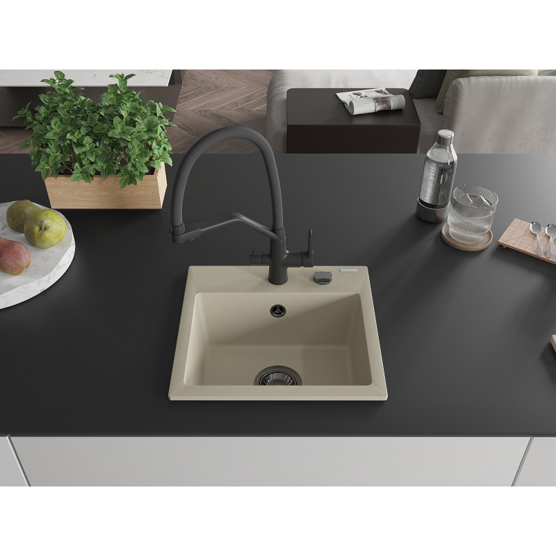 Mexen Milo granite kitchen sink with 1 bowl and Duo kitchen faucet, beige - 6505-69-671701-70-B