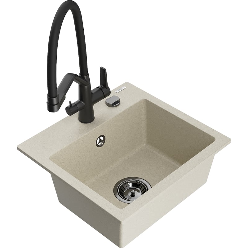 Mexen Milo granite kitchen sink with 1 bowl and Duo kitchen faucet, beige - 6505-69-671701-70-B