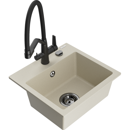 Mexen Milo granite kitchen sink with 1 bowl and Duo kitchen faucet, beige - 6505-69-671701-70-B