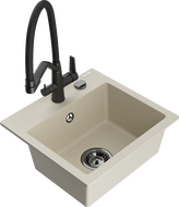 Mexen Milo granite kitchen sink with 1 bowl and Duo kitchen faucet, beige - 6505-69-671701-70-B