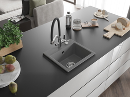 Mexen Milo 1-compartment granite sink with a kitchen mixer tap Duo, grey - 6505-71-671701-07