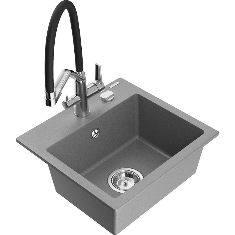 Mexen Milo 1-bowl granite kitchen sink with Duo faucet, gray - 6505-71-671701-07
