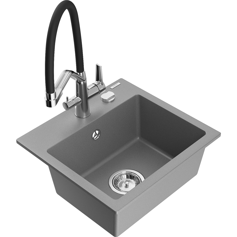 Mexen Milo 1-compartment granite sink with a kitchen mixer tap Duo, grey - 6505-71-671701-07