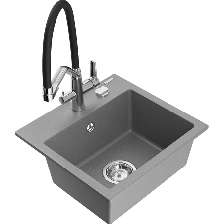 Mexen Milo 1-compartment granite sink with a kitchen mixer tap Duo, grey - 6505-71-671701-07