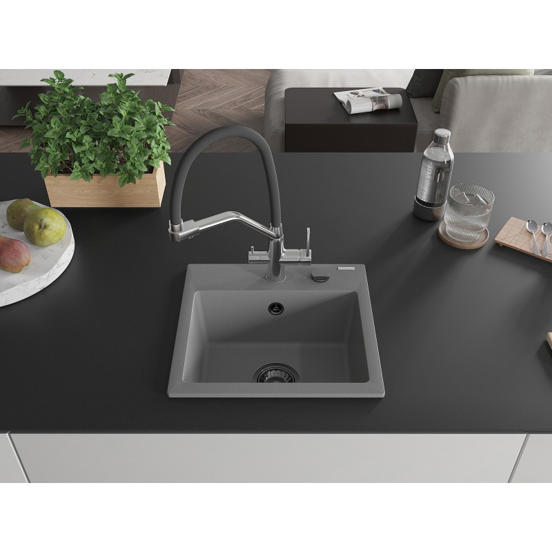 Mexen Milo 1-bowl granite sink with Duo kitchen faucet, gray - 6505-71-671701-07-B