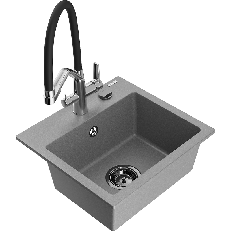 Mexen Milo 1-bowl granite sink with Duo kitchen tap, grey - 6505-71-671701-07-B