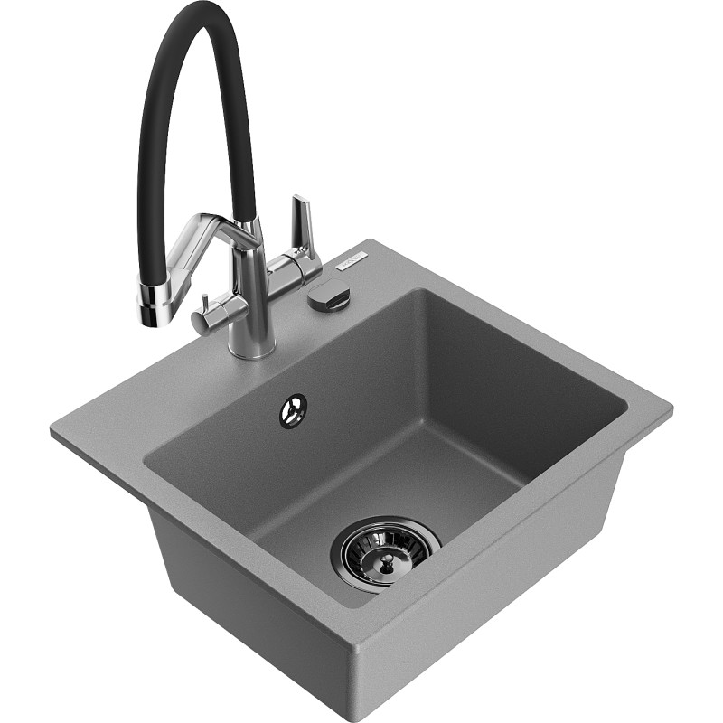 Mexen Milo granite single-bowl kitchen sink with Duo faucet, gray - 6505-71-671701-07-B