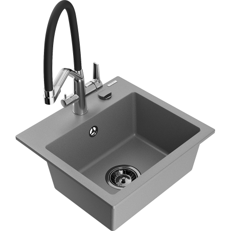 Mexen Milo 1-bowl granite sink with Duo kitchen faucet, gray - 6505-71-671701-07-B