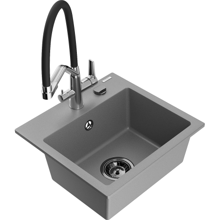 Mexen Milo granite single-bowl kitchen sink with Duo faucet, gray - 6505-71-671701-07-B