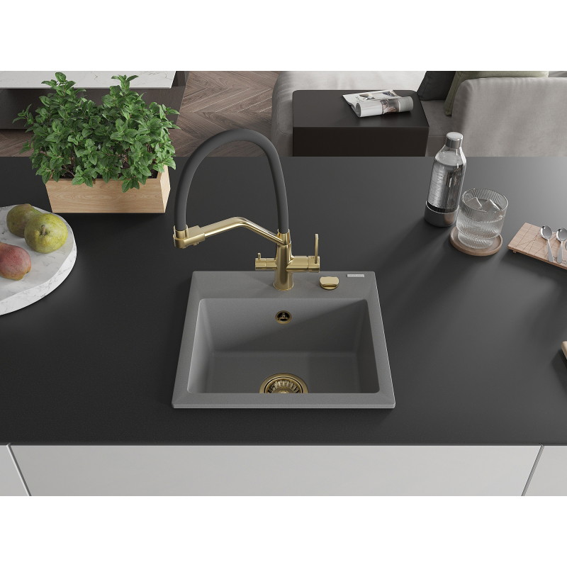 Mexen Milo 1-Bowl Granite Kitchen Sink with Duo Faucet, Gray - 6505-71-671701-57-G