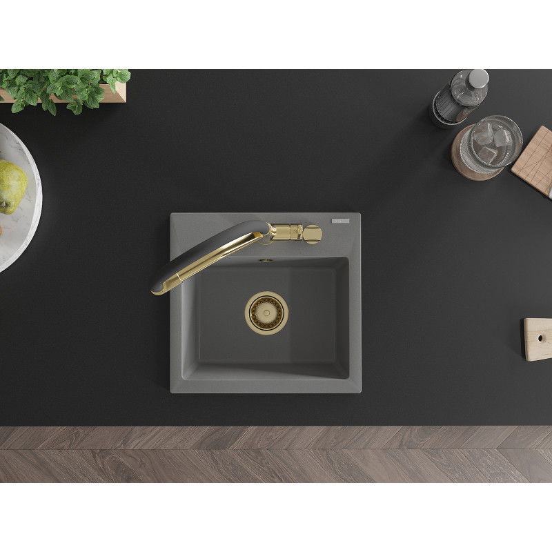 Mexen Milo single-bowl granite sink with Duo kitchen tap, grey - 6505-71-671701-57-G