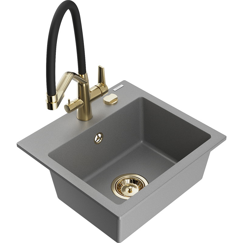 Mexen Milo 1-Bowl Granite Kitchen Sink with Duo Faucet, Gray - 6505-71-671701-57-G