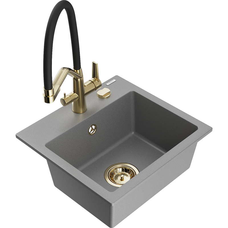Mexen Milo single-bowl granite sink with Duo kitchen tap, grey - 6505-71-671701-57-G