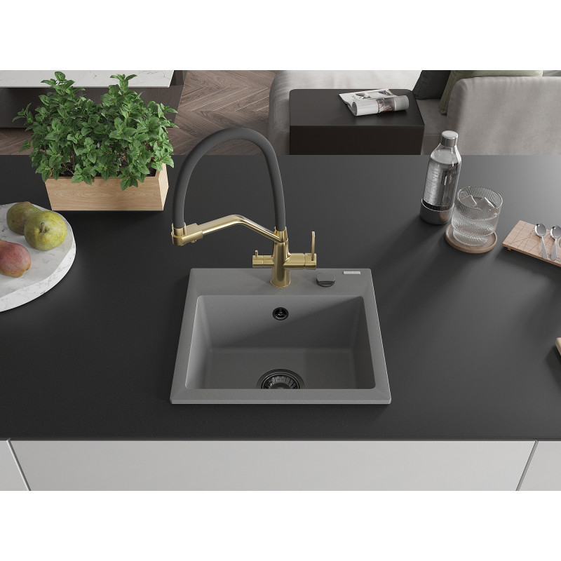 Mexen Milo granite 1-bowl kitchen sink with Duo faucet, gray - 6505-71-671701-57-B