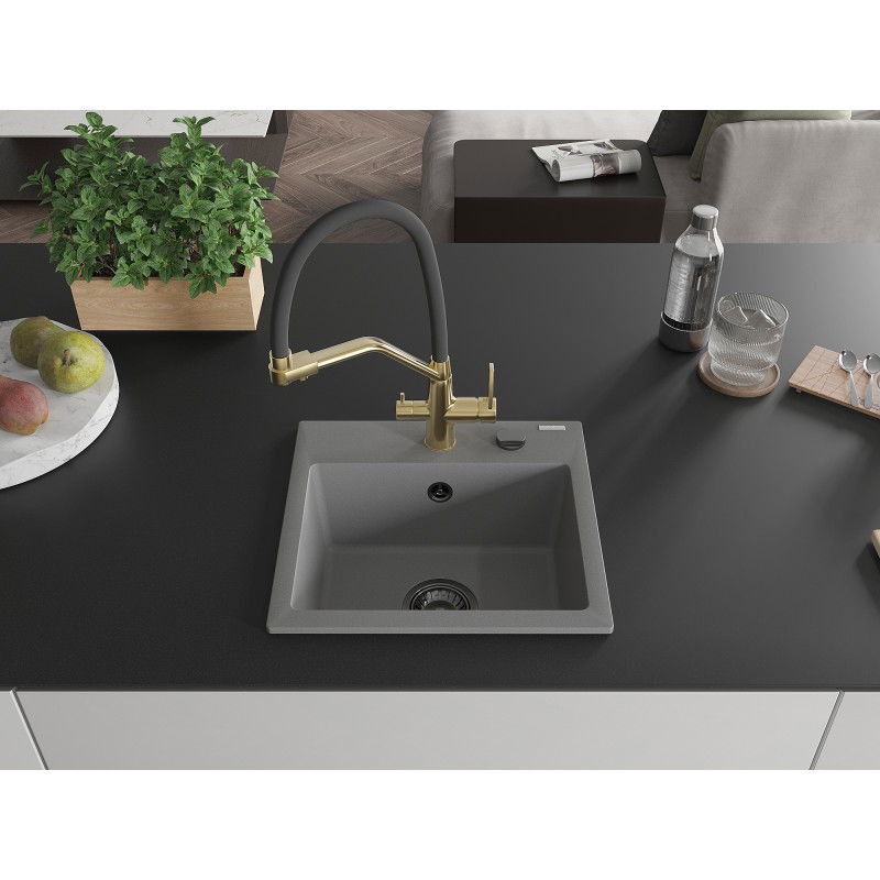 Mexen Milo granite sink 1-bowl with Duo kitchen tap, grey - 6505-71-671701-57-B
