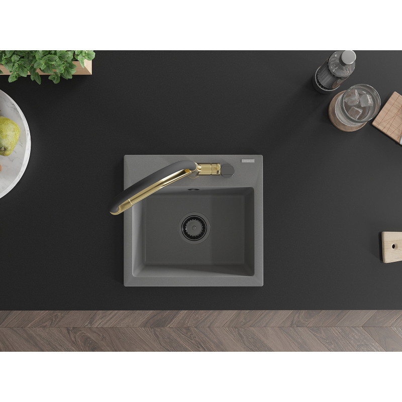 Mexen Milo 1-bowl granite sink with Duo kitchen faucet, gray - 6505-71-671701-57-B