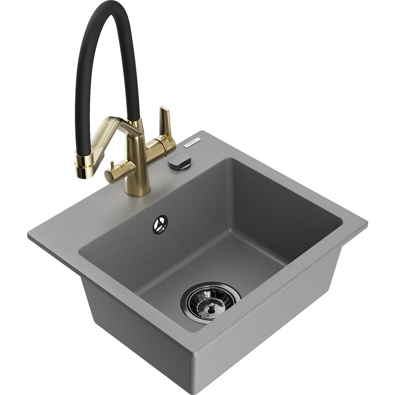 Mexen Milo 1-bowl granite sink with Duo kitchen faucet, gray - 6505-71-671701-57-B