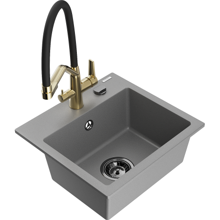 Mexen Milo granite sink 1-bowl with Duo kitchen tap, grey - 6505-71-671701-57-B